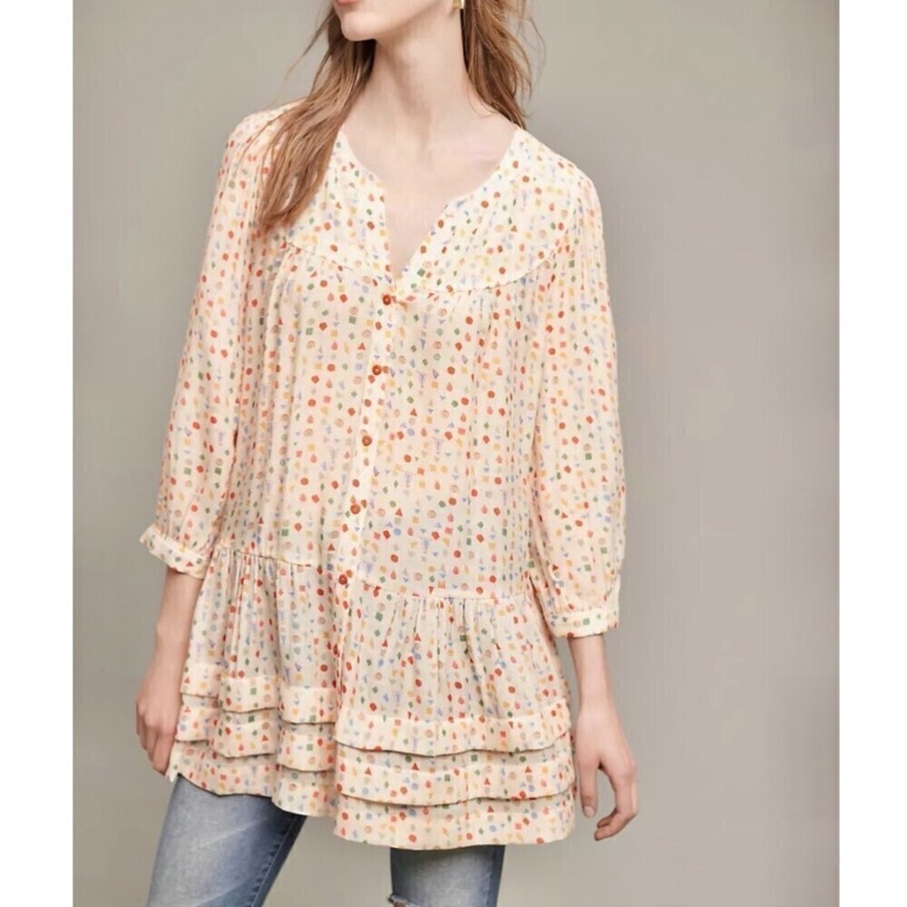 NEW Anthropologie Maeve Paccia Drop Waist Button Down Tunic Shapes Print Small